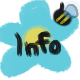 A blue flower with the word info on it, a small bee floating above it.